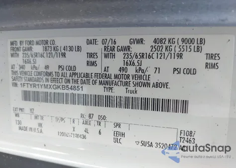 2016 Ford Transit-250 from USA, damaged, VIN 1FTYR1YMXGKB54851